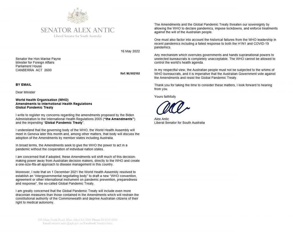 Senator Alex Antic to WHO