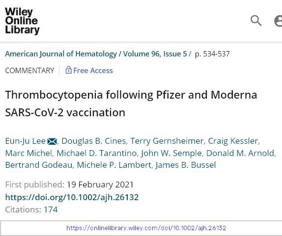Thrombocytopenia Pfizer Moderna Wiley